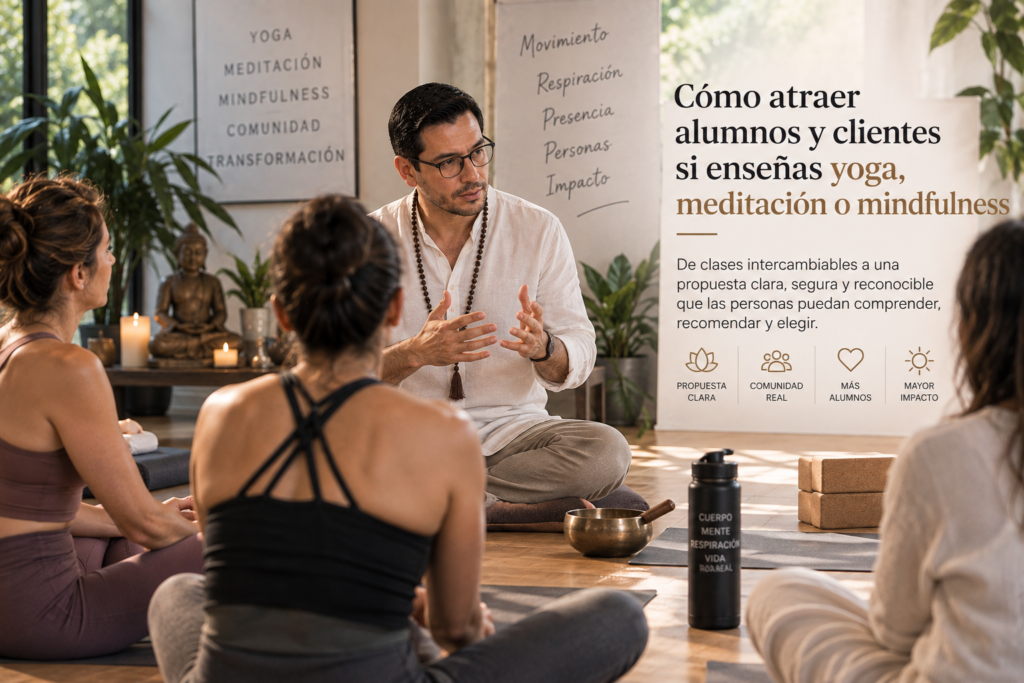 Cómo atraer alumnos de yoga, meditación o mindfulness con especialización, experiencia de entrada, contenido, alianzas y autoridad profesional.