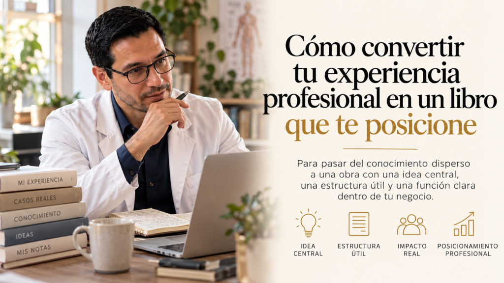 ómo convertir tu experiencia profesional en un libro que te posicione El proceso para pasar del conocimiento disperso a una obra con una idea central, una estructura útil y una función dentro de tu negocio